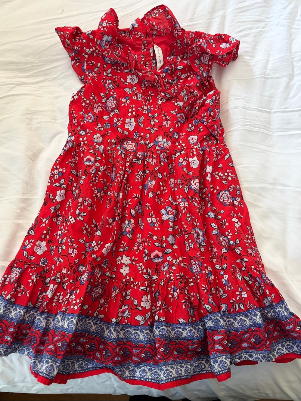 Janie and Jack Red Floral Ruffle Dress with Blue Border